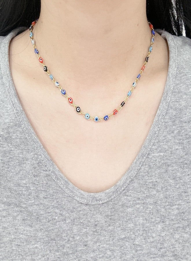 Cykdohy Dainty Evil Eye Beaded Chain Choker Necklace for Women Men Statement Colorful Enamel Ojo Turco Clavicle Adjustable Handmade Delicate Boho Turkish Lucky Amulet Protection Jewelry Gift for Her - Image 3
